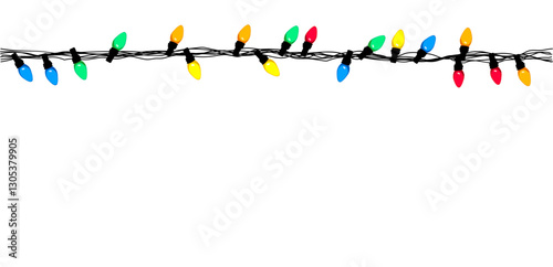 Christmas lights border. Multicolored bulbs on strand seamless horizontal pattern. Vector illustration isolated on white background. Trendy design for New Year, Xmas card, invitation, banner, overlay.