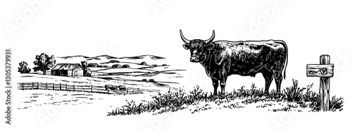 Engraved illustration of a cow near a barn in the countryside surrounded by rolling hills and farm life