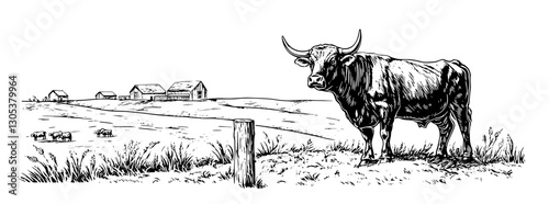 Engraved illustration of a cow standing near a farmhouse in a rural landscape at sunset