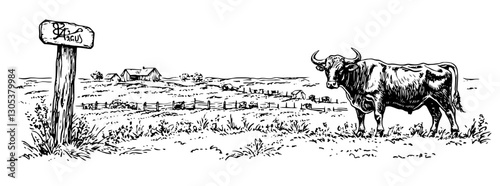 Engraved illustration of a cow standing in a pasture with a farmhouse in the background at sunset