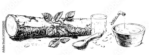 Mint leaves, wooden log, glass, and beverage arranged on a surface during daylight hours showcasing a natural setting