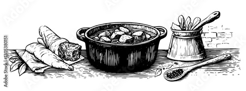 Engraved illustration of a rustic kitchen setting featuring a pot of stew, bread, and cooking utensils on a wooden table