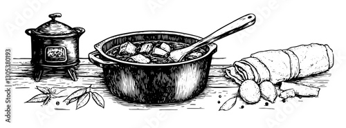 Engraved illustration of a pot, spoon, and traditional elements on a wooden table during a culinary activity