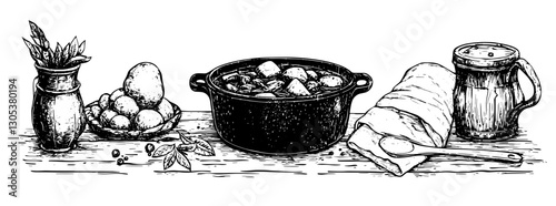 Engraved illustration of a rustic kitchen setting with ingredients and cookware arranged on a wooden table