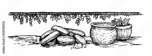 Engraved illustration of traditional cooking ingredients on a rustic table with herbs and spices
