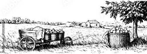 Engraved illustration of a rural landscape with a cart and basket of crops under a tree