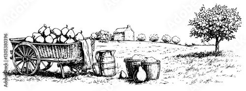 Engraved illustration of a rustic cart filled with pears under a tree in a countryside landscape