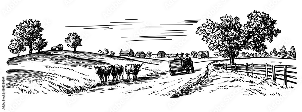 Obraz premium Engraved illustration of a rural countryside landscape with cows, a cart, and trees depicting a peaceful farm scene