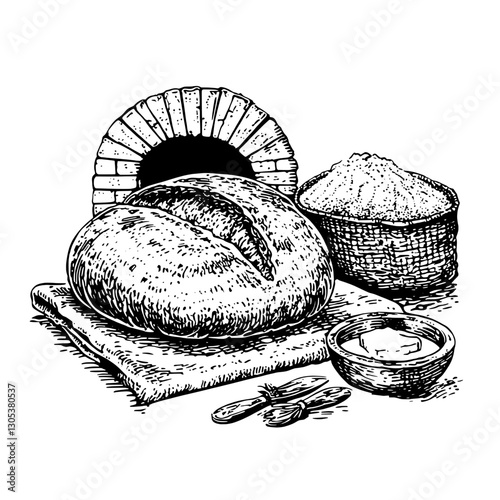 Engraved illustration of freshly baked bread, flour, and baking tools in a rustic setting