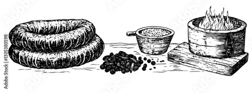 Engraved vector illustration of traditional tools for making cocoa drinks with raw ingredients and utensils