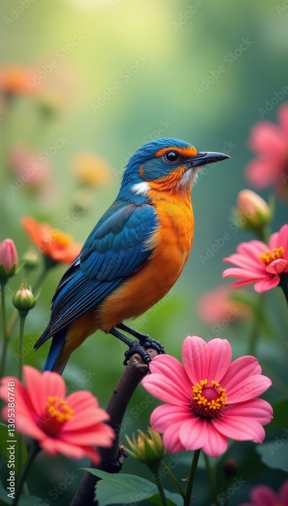 Fototapeta premium Floral bird perched amidst blooming wildflowers, vibrant colors , wings, bird, meadow