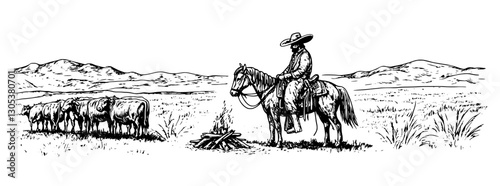 Cowboy watches over cattle by a campfire in a vast landscape at dusk with mountains in the background