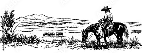 Cowboy on horseback overlooking a vast desert landscape with mountains in the background and hay bales in the distance