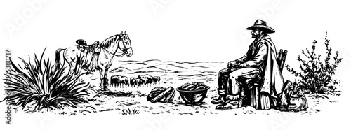 Western cowboy resting near a horse in a vast landscape during the day