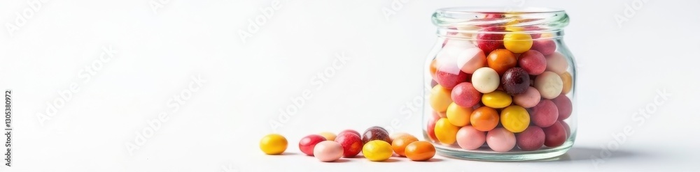 Glass jar filled with assorted candies, clean white backdrop , macro, footage, jar Glass jar filled with assorted candies, clean white backdrop , macro, footage, jar