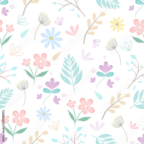 A seamless floral pattern and botanical elements in soft pastel tones. An elegant, nature-inspired aesthetic perfect for wallpaper, textiles, branding , and decorative projects.