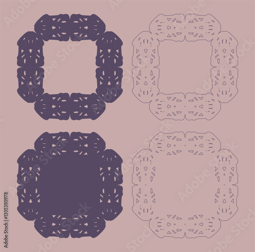 Set of four ornate square designs. Lace and doilies. Symmetrical motifs. Intricate details. Dark purple and light purple. Contrasting styles. Decorative art. Vintage aesthetic. Isolated elements. Flat