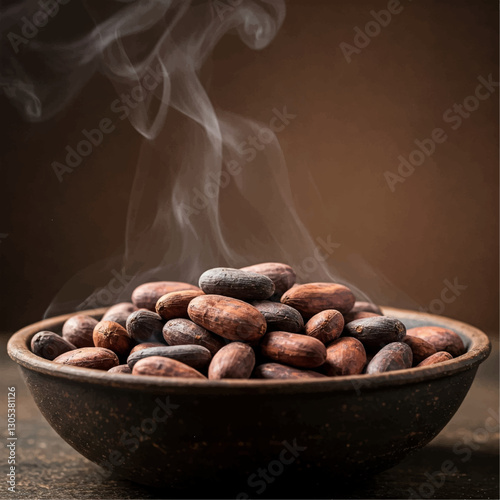 cocoa, cocoa beans, freshly roasted cocoa beans, steaming cocoa beans, cocoa beans in a wooden bowl, fragrant roasted cocoa beans