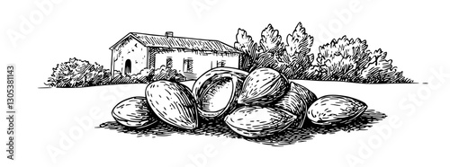 Engraved illustration of a rural setting featuring almonds in front of a quaint house