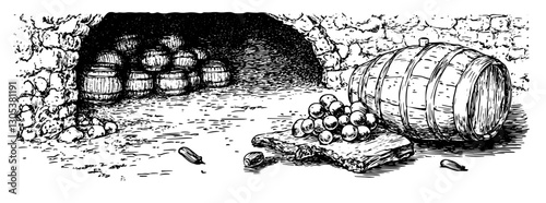 Engraved illustration depicting an underground cellar filled with barrels and a scattered pile of fruits