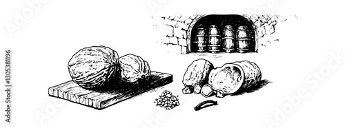 Engraved illustration of a cabbage, vegetables, and barrels in a cellar setting