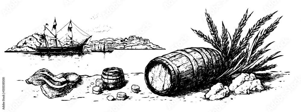 Obraz premium Engraved illustration of a coastal scene with a ship, barrel, shells, and coastal vegetation