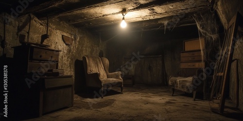 Eerie Basement Interior with Vintage Furniture and Single Light Bulb