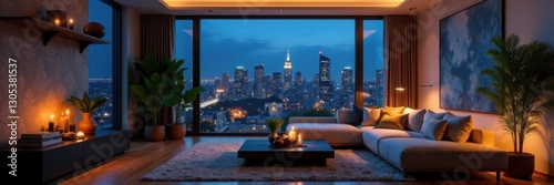 Wallpaper Mural Spacious modern living room, city lights at night, aesthetic, dark Torontodigital.ca