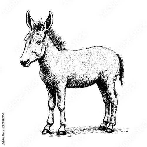 Engraved illustration of a standing donkey in a natural pose with detailed features and textures