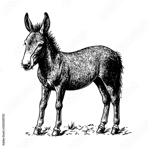 Engraved illustration of a donkey standing in a grassy field during daylight