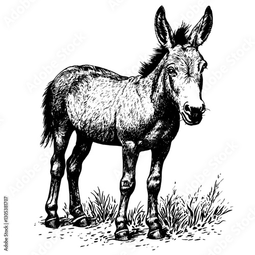 Engraved illustration of a standing donkey in a natural setting with grass