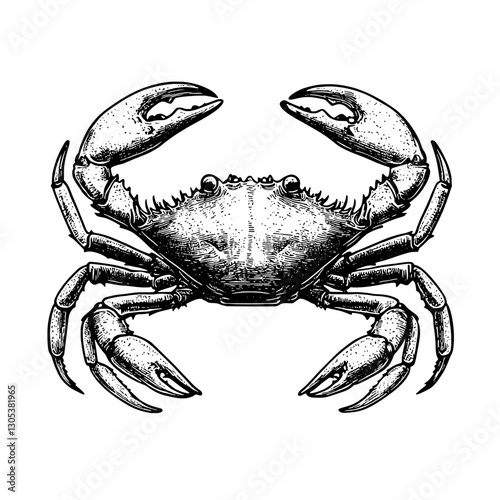 Detailed engraving of a crab with prominent claws displayed on a white background showcasing intricate line work and design elements