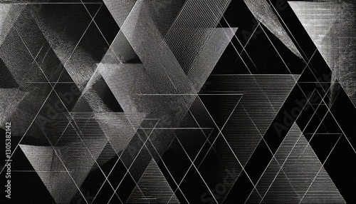 abstract black background with white transparent triangle layers in random pattern with grainy scratch texture