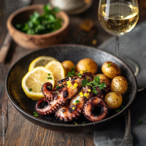 Grilled Octopus with Roasted Potatoes and Lemon Wedges