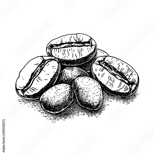 Engraved illustration of coffee beans showcasing various characteristics in a detailed vector style