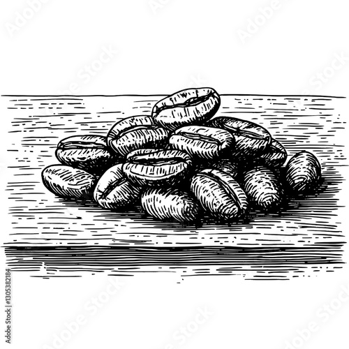 Engraved illustration of a pile of coffee beans on a wooden surface showcasing texture and detail