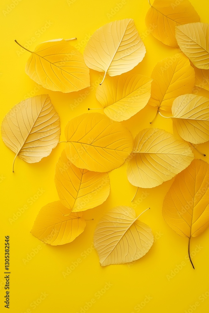 Fototapeta premium A collection of yellow leaves arranged neatly against a bright backdrop, emphasizing their delicate details.