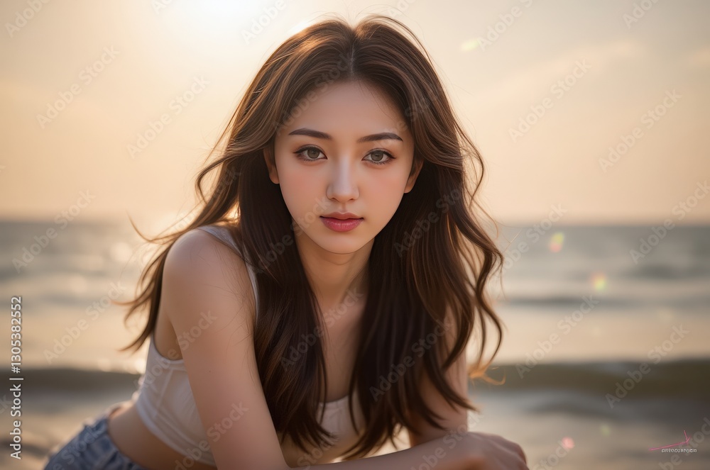 Asian Woman Relaxing on Beach at Sunset: Serene Beauty, Golden Hour, Coastal Lifestyle Asian Woman Relaxing on Beach at Sunset: Serene Beauty, Golden Hour, Coastal Lifestyle