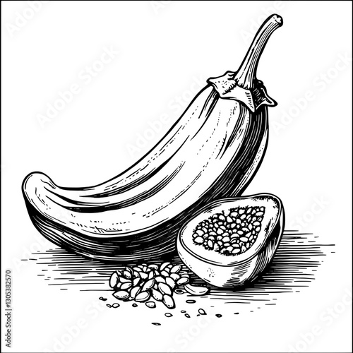 Engraved vector illustration of a banana and a passion fruit with seeds on a white background