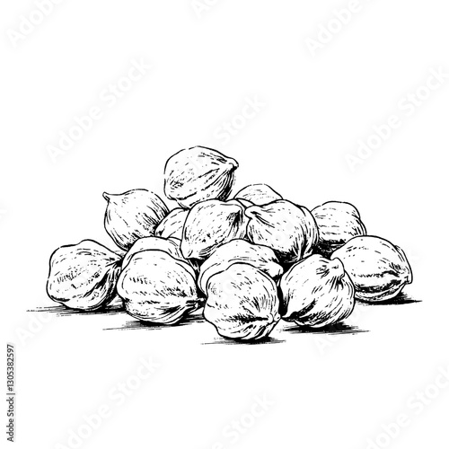 Engraved vector illustration of hazelnuts gathered in a pile on a white background