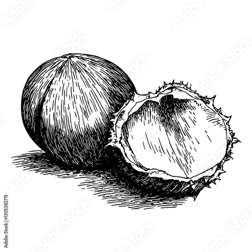 Engraved illustration of a chestnut showing whole and split view on a plain background