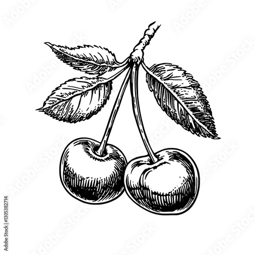 Engraved illustration of twin cherries with leaves on a simple white background showcasing traditional vector art style