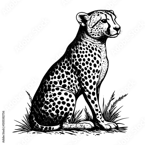 Engraved illustration of a cheetah sitting gracefully in tall grass, showcasing its characteristic spots and features in a natural pose