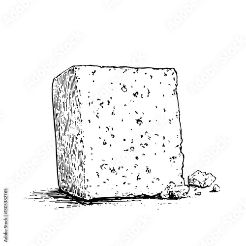 Engraved illustration of a block of cheese on a clean white background showcasing texture and detail