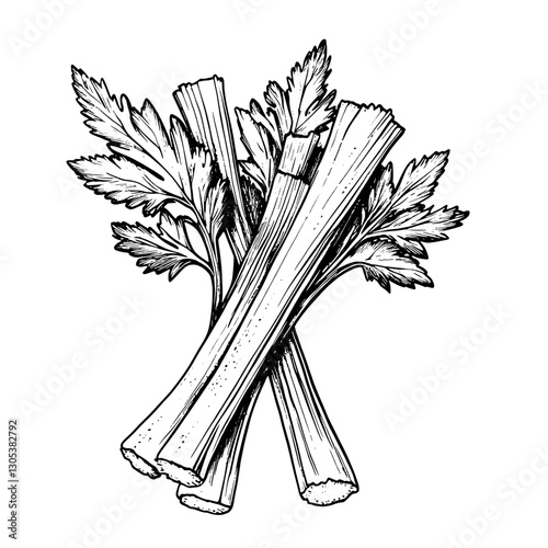 Freshly harvested celery stalks with vibrant green leaves illustrated in a detailed engraved style