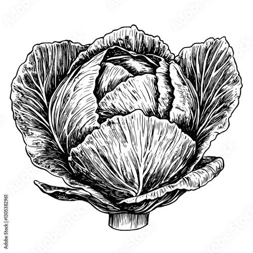 Detailed engraved illustration of a cabbage showing intricate leaf textures and shading