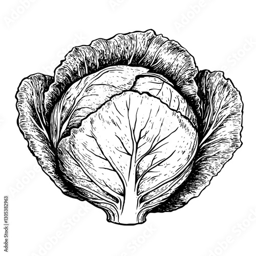 Engraved vector illustration of a detailed cabbage with distinct leaf patterns
