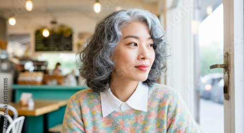 Asian mature female relaxing in cozy cafe with natural light