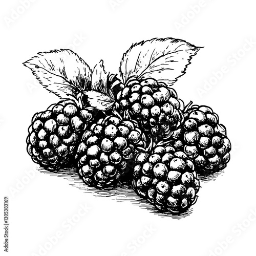 Detailed engraved illustration of a cluster of ripe blackberries with leaves on a white background