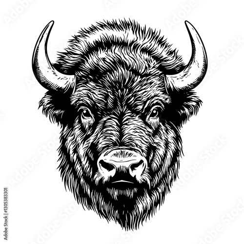Engraved illustration of a detailed bison head showcasing realistic features and texture in a vector format